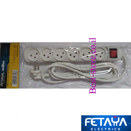 רב שקע 6 יציאות עם מפסק + כבל 3 מטר Fetaya